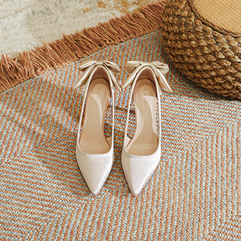 Women's Bowknot Heels French Hollow Pointed Toe Wedding Pumps