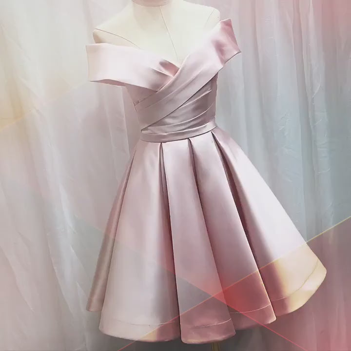 Pink Pleated Satin Homecoming Dress With Off Shoulder