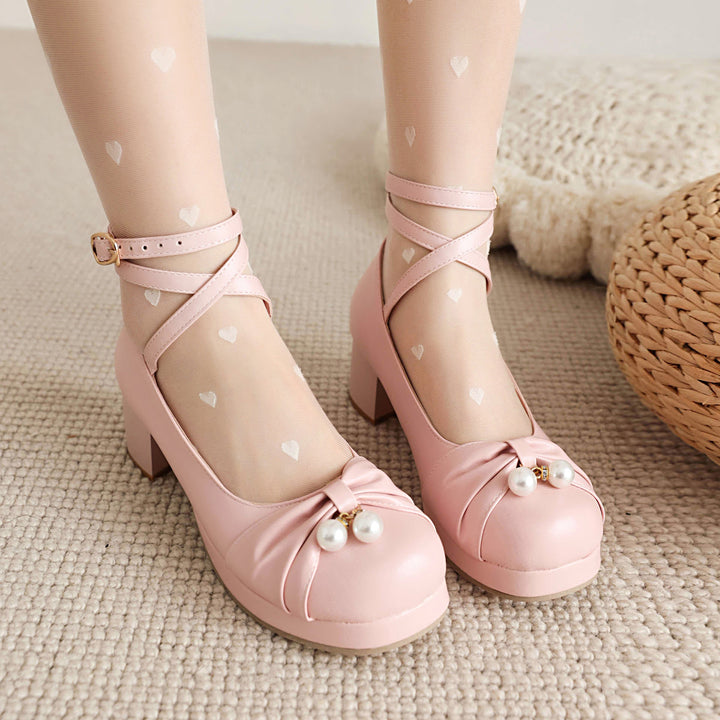 Cute Pearl Cross Strap Lolita Japanese Mary Jane Shoes