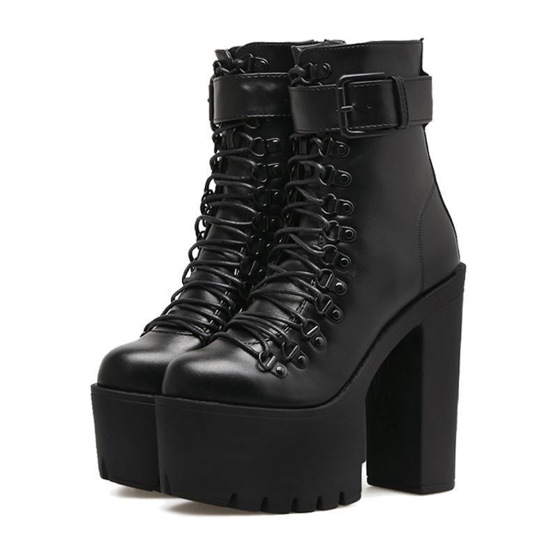 Womens Goth Lace Up Boots Platform Chunky High Heel Ankle Boots With Buckle