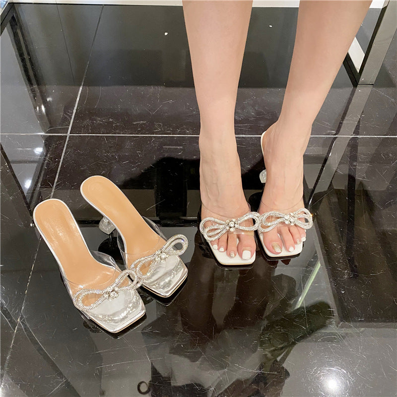 Summer Clear Rhinestone Bow Kitten Heels