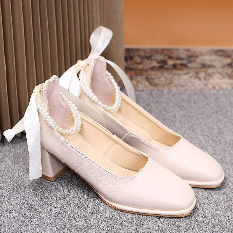 Wedding Shoes for Bride Elegant Pearl Square Toe Mary Jane Shoes