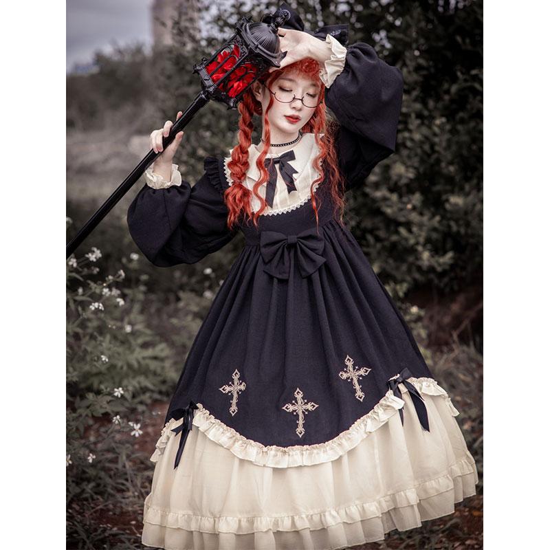 Lolita Long-sleeved Gothic Lolita Skirt Dark Maid Dress Kawaii Waist Bow  Girl Dress - cosfun
